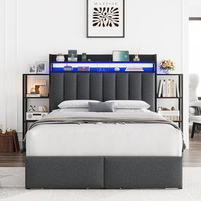 Keyluv Full LED Bed Frame with Storage Headboard & 2 Drawers, Upholstered Platform Bed with Charging Station & Bedside Storage Rack, Metal Slat Support, No Box Spring Needed, Linen Fabric, Black