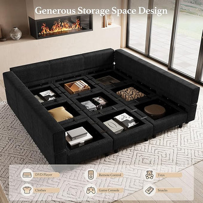9 Seat Modular Sectional Sofa Sleeper Couch with Deep Storage Seat Corduroy Sectional Sofa Bed for Living Room,Black