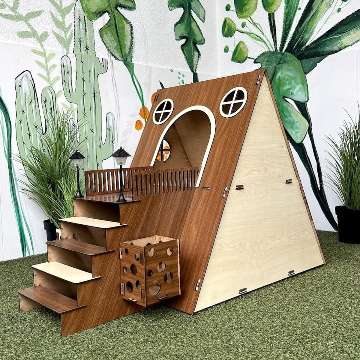 Large Modern Wooden Rabbit Castle House Hutch - Bunny Hideout Indoor Habitats - Pet 2-Story Home Furniture（Excluding Street Lights）
