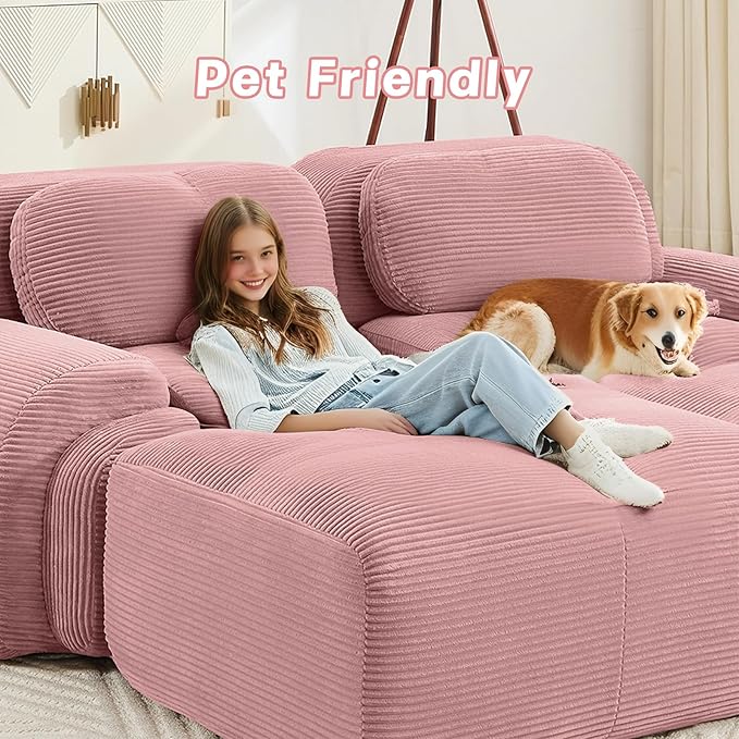 152" Modern Corduroy Cloud Sofa with Ottoman, L Shaped Boneless Modular Large Sectional Couches for Living Room, Pink 4 Seater Compressed Memory Foam Couch, Extra Deep Seat, No Assembly