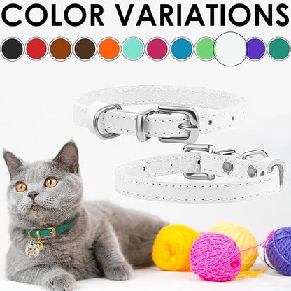 BRONZEDOG Leather Cat Collar with Removable Bells Non Breakaway Kitten QR Tag for Girl Boy (9" - 12" Cats/Mini Dogs, White & Silver)