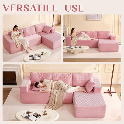 Afuson 107" Boneless Couch with Deep Seat, Modular Sectional Sofa, Cloud Sectional Couch for Living Room, No Assembly Required, Corduroy, L-Shape Left, Pink