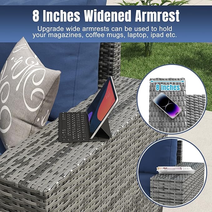 Aoxun 6 Pieces Patio Furniture Set Wicker Rattan Outdoor Sectional Conversation Set with Coffee Table and 4” Thickened Cushions, Gray Blue(Waterproof Cover Included)