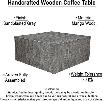 TUP THE URBAN PORT Rydan Coffee Table | 33 Inch Square Block Top | Sandblasted Gray Mango Wood