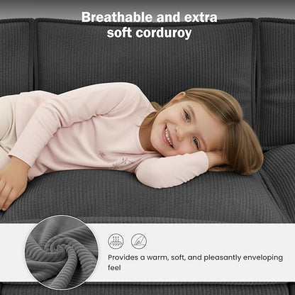 Apicizon 143" Cloud Couch Sectional, 4-Seat Deep Sofa Couch with Ottoman, Modern U Shape Sectional Cloud Sofa Corduroy for Living Room, Apartment, Office, Grey