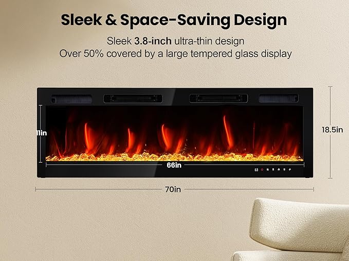 70" Electric Fireplace Realsmart Wall Mounted and Recessed 1500W Fireplaces