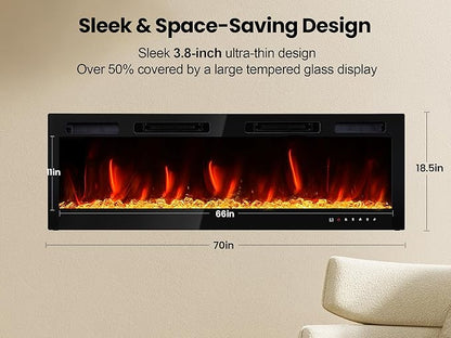 70" Electric Fireplace Realsmart Wall Mounted and Recessed 1500W Fireplaces