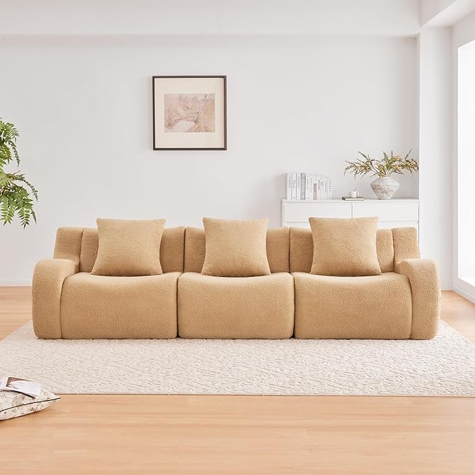Camel 3-Seater Cloud Couch, Modern Teddy Fabric Boneless Sectional Sofa in a Box for Living Room, Modular Floor Couch, Deep Seat, No Assembly Required, Sofas para Sala