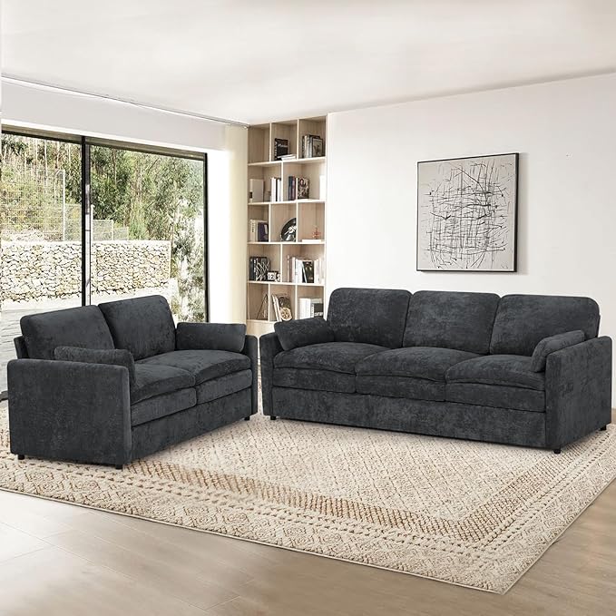 2 Pieces Chenille Sofa Set w/Throw Pillows, Upholstered Loveseat & 3 Seater Sofa w/Comfortable Back Cushions, Modern 2-Seat & 3-Seat w/High-Density Foam for Living Room, Apartment, Grey