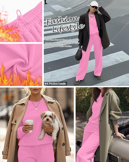 Sweetyweee Women's 2 Piece Outfits Set Fleece Lined Lounge Sweatsuit Crewneck Pullover Top Wide Leg Pants Casual Tracksuit