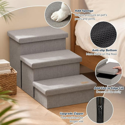 3-Step Dog Stairs for Large Dogs with Storage 18" H, Light Grey | Wide Dog Steps for High Bed Couch Window Car, Jiont-Friendly Pet Stairs Ramp for Small/Medium/Large Old Dogs Cats