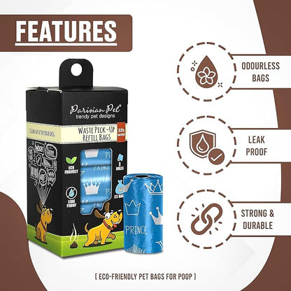 Parisian Pet Ecofriendly Dog Poop Bags Rolls - 160 Count Unscented Poop Bags For Dogs - Leakproof, Extra Thick, 8 Dog Waste Bags Refill Rolls - Prince Blue Doggie Poop Bags - Fits All Dispenser