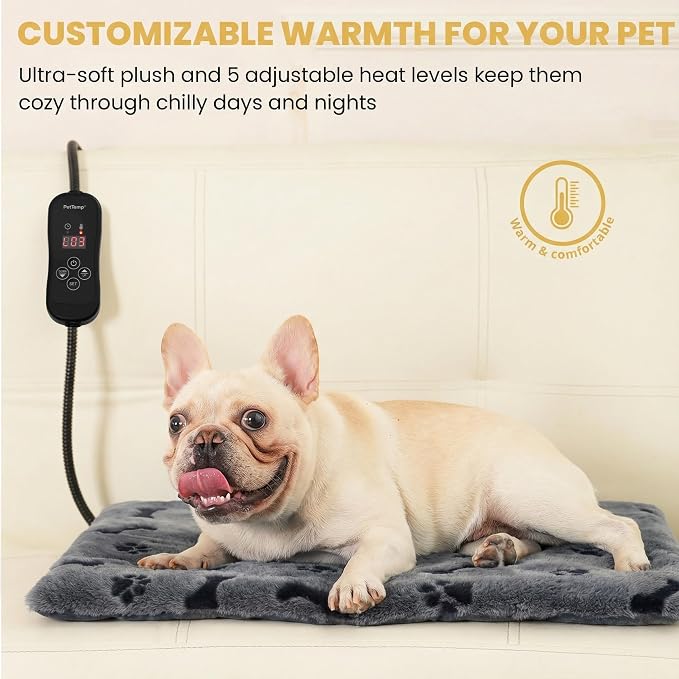 Pet Heating Pad for Cats Dogs, Heated Cat Dog Bed with 5 Temperature Levels, Timer, Auto Shut-Off, Thick Paw-Print Cover, Chew Resistant Cord for Indoor & Sheltered Outdoor Use (M: 20" x 16" x 1.3")