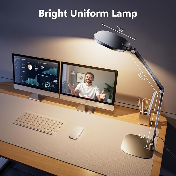 LED Desk Lamp for Home Office, 15W Desk Light with CRI >95, Memory & Timer Function, 1200LM Dimmable Computer Light for Video Calls, Conference, Reading, Study (Black-2packs)