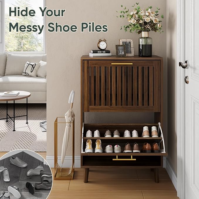 Shoe Cabinet with 2 Flip Slatted Drawers, Farmhouse Slim Shoe Organizer Rack