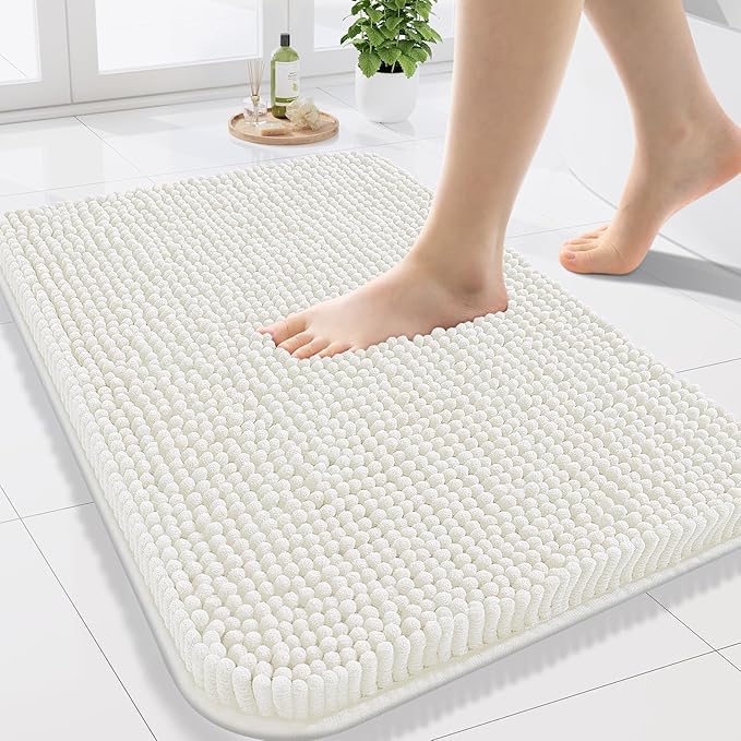 Arotive Bathroom Rugs 24x16, Extra Soft Absorbent Shaggy Chenille Bath Rugs, Machine Washable Rubber Backing Non-Slip Bath Mats for Bathroom Floor Tub and Shower, Home Decor Accessories, Ivory