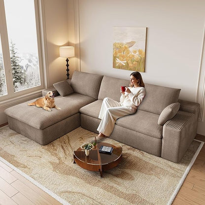 107 Inch Cloud Sectional Couch, Modern Modular Sectional Sofa with Deep Seat, Corduroy Boneless Couches with L-Shape Chaise for Living Room Bedroom, No Assembly Required (Camel, Left Facing Chaise)