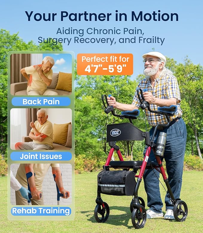 VOCIC Walkers for Seniors, Upright Walker with Adjustable Armrests, Z22 GelCool Stand Up Walker with Ergo Seat & Backrest, 8" All Terrain Rollator with 300lb,Cup& Cane Holder
