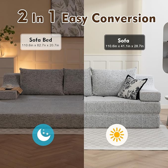 MEISSALIVVE 110.6" Convertible Sofa Bed,2-in-1 Modular Oversized Boneless Couch with Wide Armrest & Thick Cushion,Futon Sofa with Pull Out Bed for Living Room,Bedroom,No Assembly Required(Grey