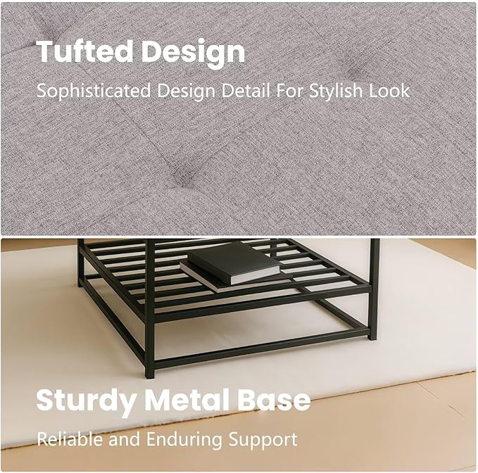 Ottoman Coffee Table with Upholstered Tufted Linen Fabric, Square Center Table with Storage Large Footrest Ottoman for Living Room Gray