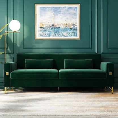 85.63" Velvet Sofa,Modern Loveseat Couch with Pillows Set of 2 for Living Room,Bedroom,Apartment Furniture with Gold Metal Legs (Green)