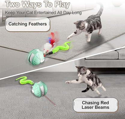 Interactive Cat Toy Ball - 2-in-1 Indoor Cat Toy with Feather Attachment and Laser Interactive Cats Balls, Moving Electric Rolling Ball Toys Designed for Bored Kittens and Adult Cats