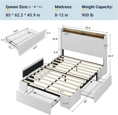 Allewie Queen Size Velvet Bed Frame with 3 Storage Drawers, Upholstered Platform Bed with Wingback Storage Headboard and USB Ports, No Box Spring Needed, Easy Assembly, White