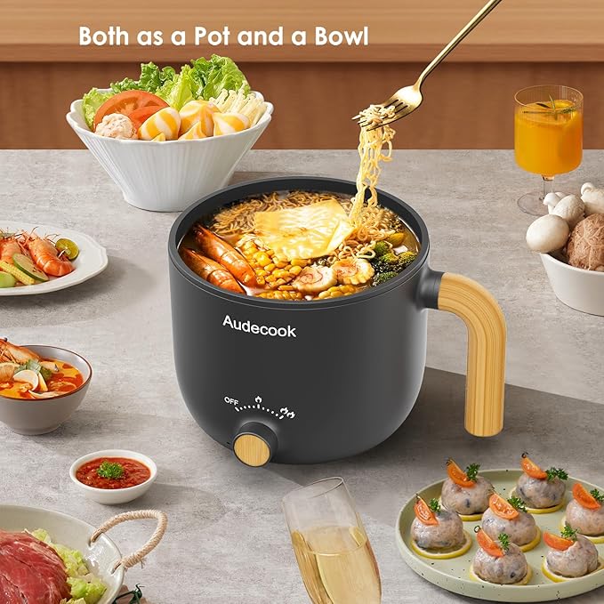 Audecook Hot Pot Electric with Steamer, 1.5L Portable Nonstick Rapid Noodles