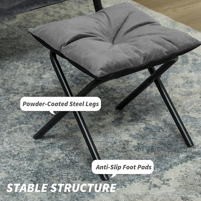 HOMCOM Modern Lazy Chair with Ottoman, Fabric Lounge Accent Chair, Leisure Sofa Armchair with Armrests, Side Pockets, Upholstered Reading Chair and Footstool Set for Living Room, Bedroom, Gray