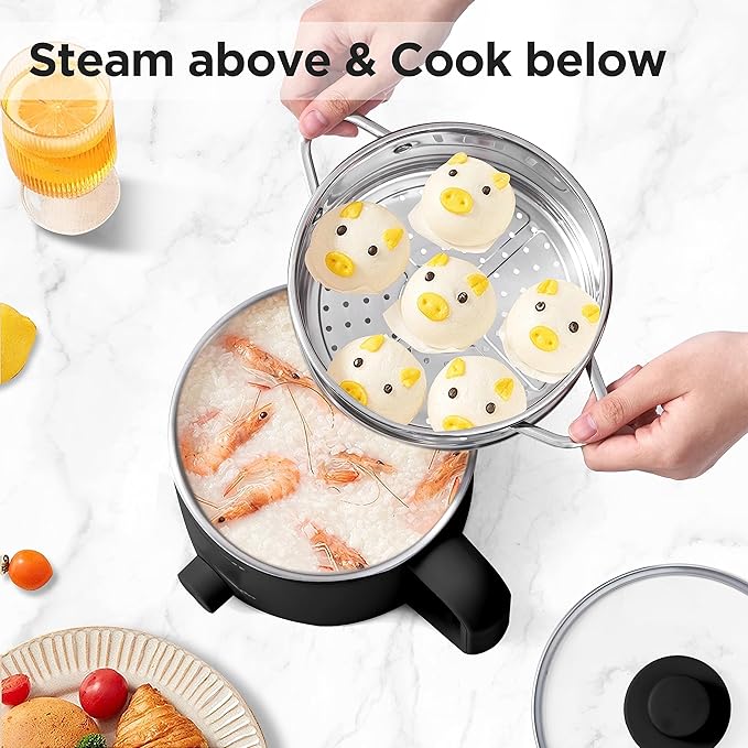 Topwit Hot Pot Electric with Steamer, 1.6L Ramen Cooker, Electric Pot