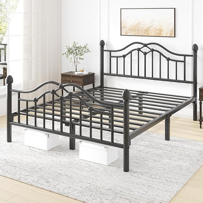 Queen Size Bed Frame, Metal Platform Bed with Victorian Headboard and Footboard, Strong Metal Slats Support, Mattress Foundation No Box Spring Needed, Easy Assembly, Noise Free, Black
