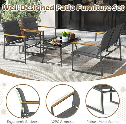 Tangkula 8 Piece Patio Furniture Set, Outdoor Metal Conversation Set with Padded Fabric Seat & Wood-Plastic Armrests, Sectional Sofa Set with Tempered Glass Coffee Table for Backyard, Porch (Gray)