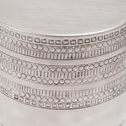 Modern Round Aluminum Hammered Embossed Texturing Metal End Table, Hand-Stamped Iron, Boho Accent Side Table, Drum Shaped, for The Living Room and Bedroom, Silver