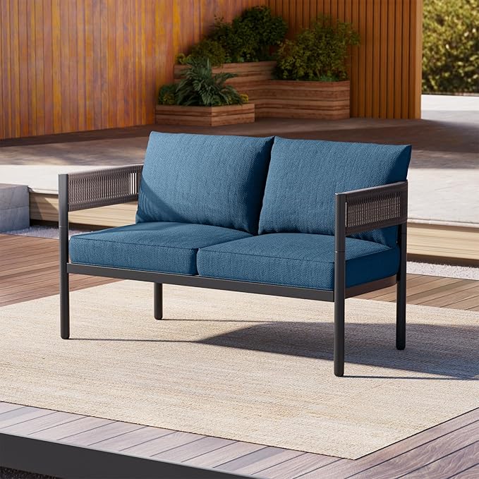 Gand Patio Outdoor Loveseat, Wicker Conversation Set with Thick Cushion for Porch, Garden, Yard, Peacock Blue