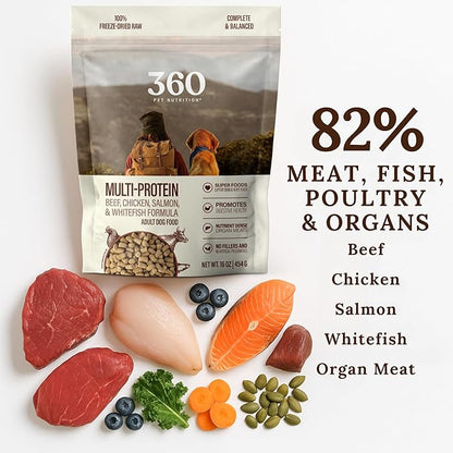 360 Pet Nutrition Freeze-Dried Raw Dog Food – Multi-Protein with Beef, Chicken, Fish, Liver & Organs, High Protein, Omega-3s, Fruits, Veggies & Superfoods, Grain-Free, No Fillers, 1 lb – Made in USA
