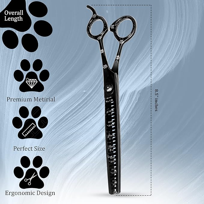 Professional Dog Grooming Chunker Shears/Scissors with Paw Prints for Dogs, Cats & Pets (Right Handed, Black, Stainless Steel 8 Inch)