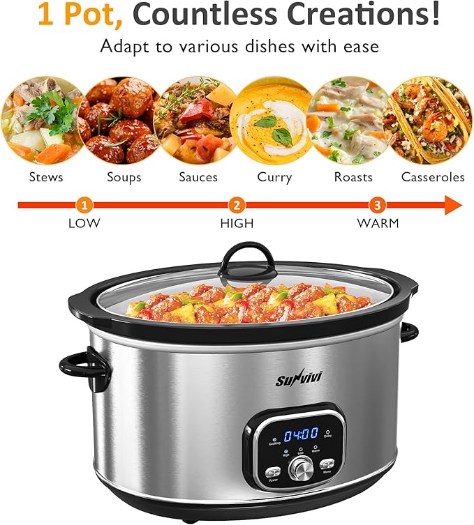 Sunvivi Slow cooker Pot 8.5 QT Programmable Stainless Steel Color :
