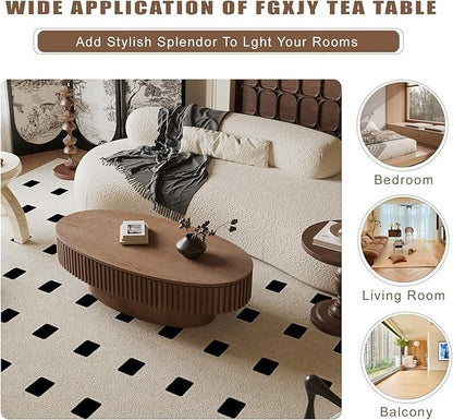 FGXJY Oval Coffee Table with Storage, Modern Walnut Coffee Table with Solid Wood Veneered, Fluted Center Table Wood Drum Tea Table for Living Room Apartment, 47.2''L×23.6''W×14.2''H