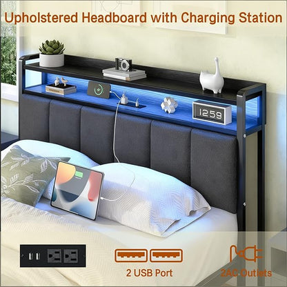 Queen Bed Frame with LED Lights and Charging Station, Metal Platform Bed Frame Queen Size with Upholstered Storage Headboard, Heavy Duty Metal Slats, No Box Spring Needed, Easy Assembly, Dark Grey