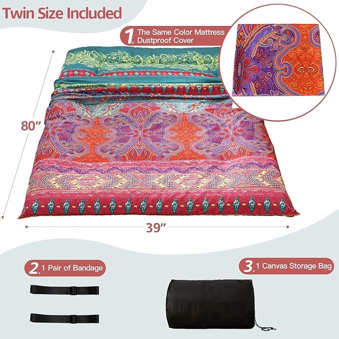 MAXYOYO Bohemian Retro Mattress Boho Floral Style Japanese Futon Mattress Tatami Floor Mat Foldable Lounger Portable Camping Sleeping Pad Couch Bed Twin Size