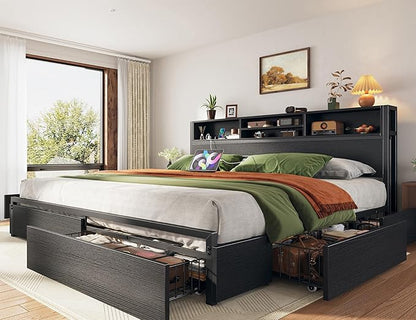 EnHomee King Size Bed Frame with 6 Storage Drawers King Bed Frame and Headboard, Storage Bed with Charging Station, No Noise,No Box Springs Needed,Black