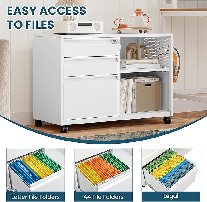 MIIIKO File Cabinet 3 Drawer, Home Office Rolling File Storage Cabinet