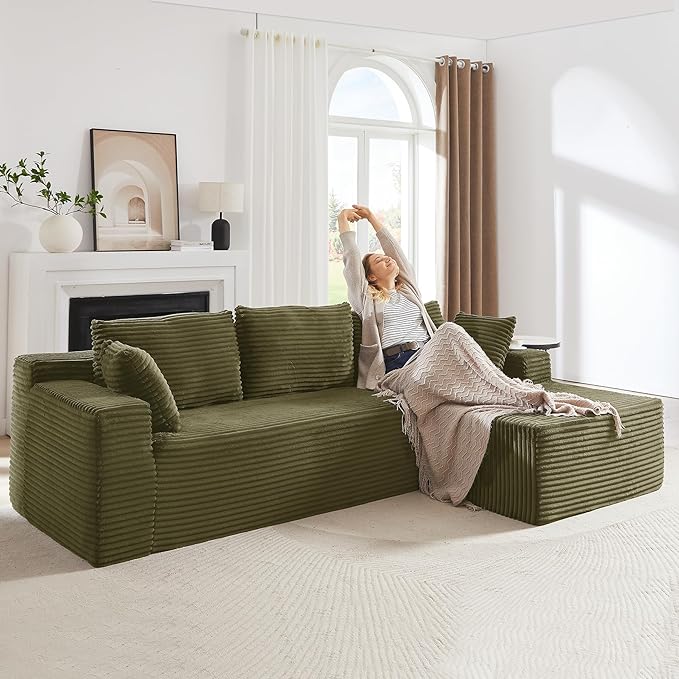 104 Inch Cloud Sectional Couch with L-Shape Chaise,Modern Boneless Couches with Deep Seat,Corduroy Sponge Compressed Sofa for Living Room, Bedroom,No Assembly Required (Green, Right Facing Chaise)