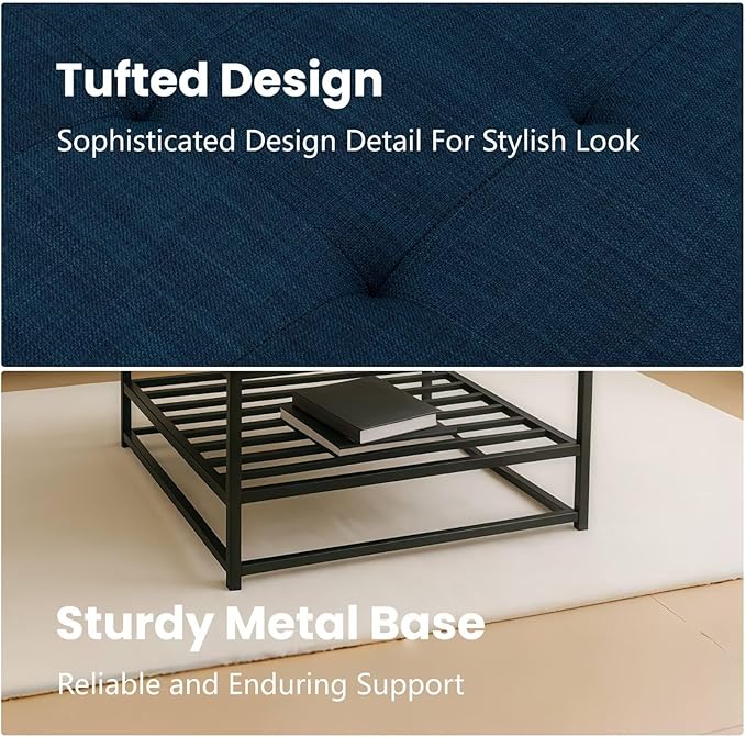 Ottoman Coffee Table with Upholstered Tufted Linen Fabric, Square Center Table with Storage Large Footrest Ottoman for Living Room Navy Blue