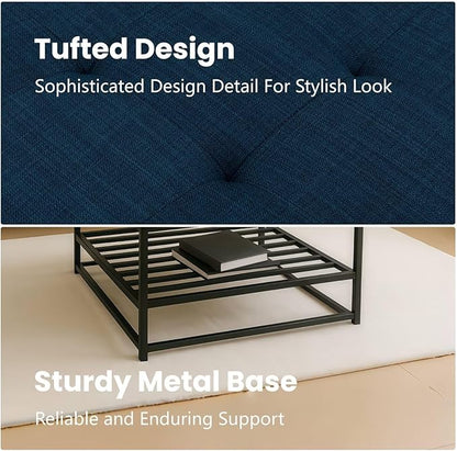 Ottoman Coffee Table with Upholstered Tufted Linen Fabric, Square Center Table with Storage Large Footrest Ottoman for Living Room Navy Blue