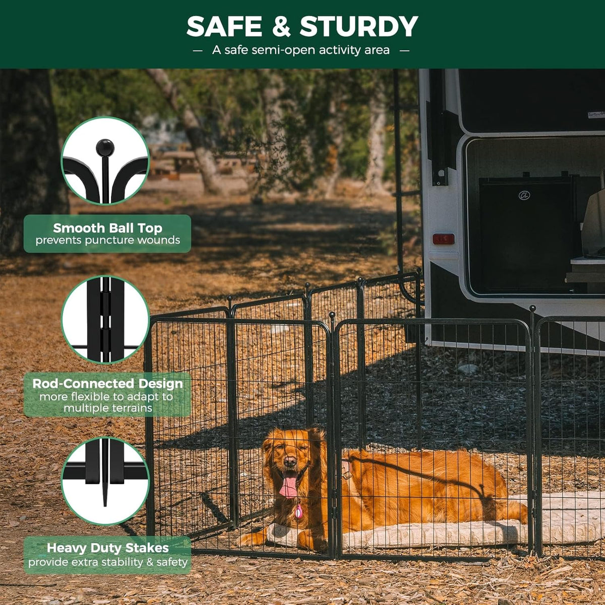 FXW Rollick Unleashed Dog Playpen for Indoor, Yard, RV Camping, 50 inch 32 Panels for Large Dogs, Black│Patented