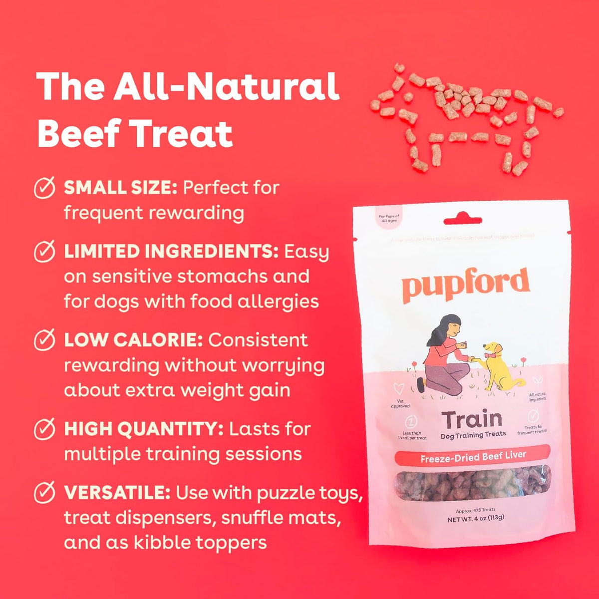 Pupford Freeze Dried Training Treats for Dogs & Puppies, 1400+ Three Ingredient Bites (Beef Liver, 4 oz, 3 Pack)