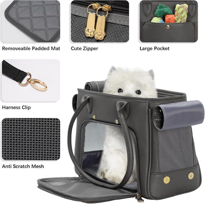 Minsong Fashion Pet Carrier Purse for Small Cat and Dog, Luxury Pu Soft-Sided Tote Bag with Large Pockets for Dogs and Puppies (Black, 13.6" L x 6" W x 10.0" H)