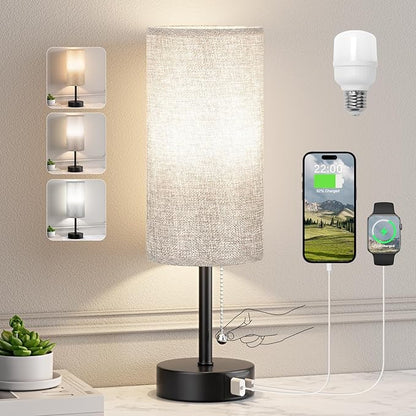 Grey Bedside Lamp for Bedroom Nightstand - Small Table Lamp with USB A + C Charging Port, 3 Color Temperatures Pull Chain Night Stand Light with Bulb, Side Table Desk Reading Lamp for Living Room/Dorm