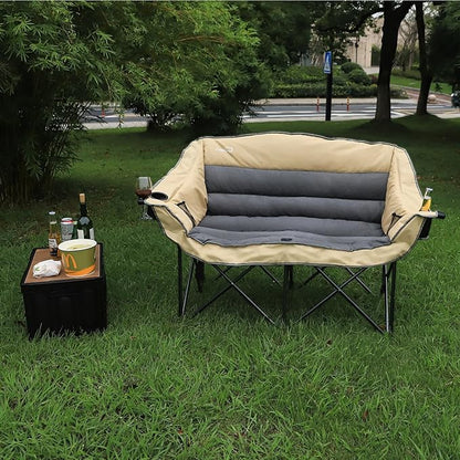 2 Person Fully Padded Camping Chair Oversized Loveseat Camping Chair Double Camping Chairs for Adults Heavy Duty Outdoor Camping Couch, Padded Seats & Armrests, 600Lbs, Beige